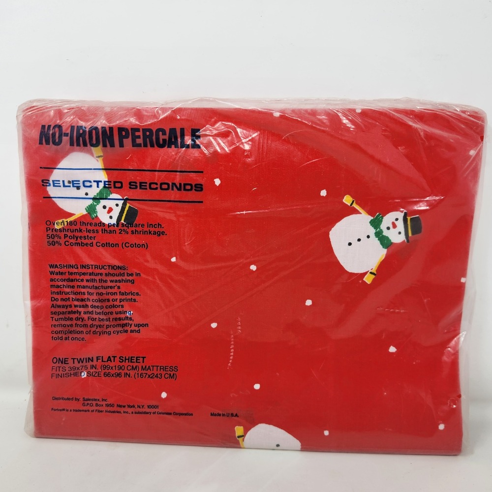 Vintage Salestex Snowman Twin Flat Sheet Red Christmas Percale Made in USA NEW